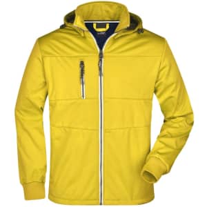 A yellow men's maritime jacket with a zip front, hood, and zippered chest pocket, featuring a logo.