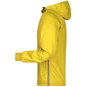 A yellow men's maritime jacket featuring a hood, zippered pockets, and a logo. It has a sleek, modern design.
