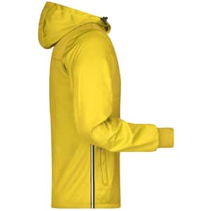 A yellow rain jacket with a hood and side stripes, featuring a logo on the chest.