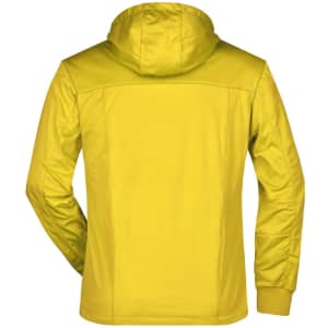 A yellow rain jacket featuring a hood and smooth back design, complete with a logo.