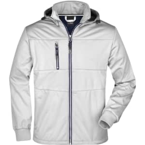 A men's rain jacket in grey with a hood and zippered pockets, featuring a logo on the chest.