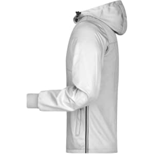 A white men's maritime jacket featuring a hood, zip pockets, and a logo. Suitable as a rain jacket.