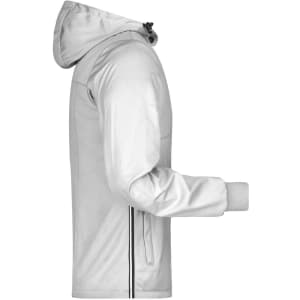 A white men's rain jacket with a hood, featuring a logo and contrasting stripes on the side.