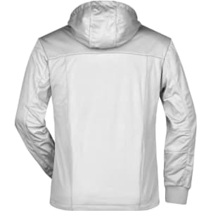 A men's rain jacket in grey with a hood, featuring a logo on the back.