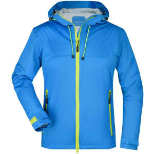 A bright blue ladies' outdoor jacket featuring a hood and contrast yellow zippers and detailing. It has a logo on the front.
