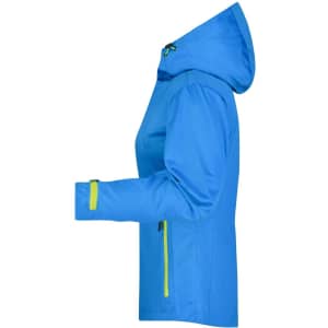 A women's rain jacket in blue with green accents and a hood, featuring zippered pockets.