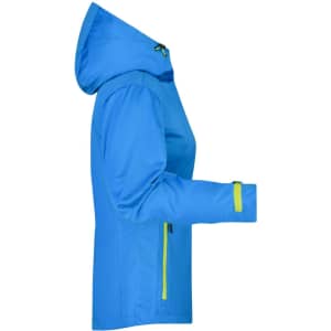 A blue ladies outdoor jacket with a hood, featuring yellow accents and a zippered pocket on the side.