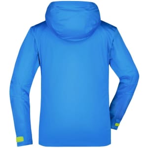 A blue ladies outdoor jacket with a hood, featuring a logo, shown from the back.