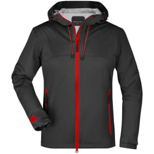 A black rain jacket with red accents, featuring a hood and multiple zippered pockets. The jacket has a branded logo.