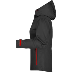 A black ladies outdoor jacket with a hood and red accents, featuring zipped pockets and long sleeves.