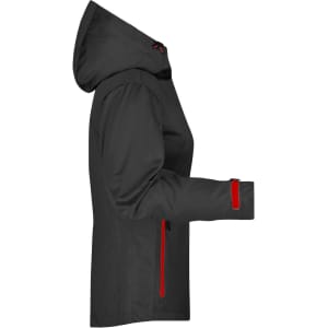 A ladies' outdoor jacket in black with red accents, featuring a hood and zippered pockets.