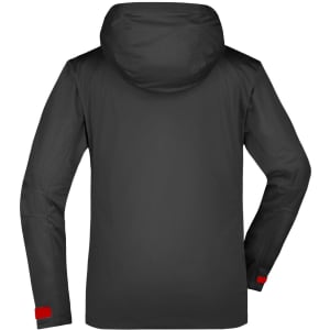 A black outdoor jacket with a hood, featuring red accents and a logo on the sleeve.