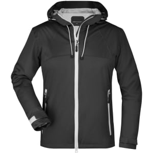 A black ladies outdoor jacket with a hood, featuring zippered pockets and reflective detailing.