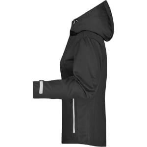 A black outdoor jacket with a hood, featuring reflective details and a fitted design. The jacket has a logo on it.