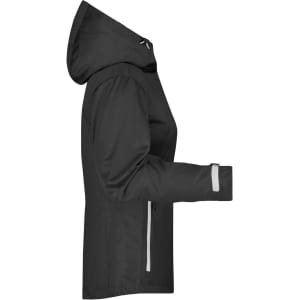 A black ladies outdoor jacket with a hood and reflective detailing, featuring a zip front and side pockets.