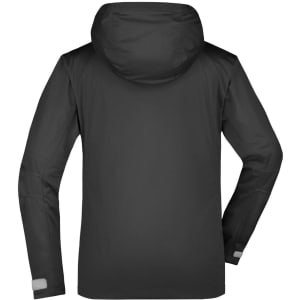 A black ladies outdoor jacket featuring a hood and a logo on the back. Designed as a rain jacket.