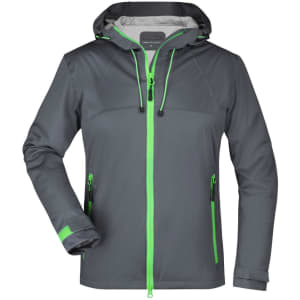 A grey ladies outdoor jacket with green accents and a hood, featuring zippered pockets and a logo.