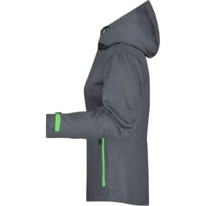 A grey ladies outdoor rain jacket featuring green accents and a hood, with side zippers and adjustable cuffs.