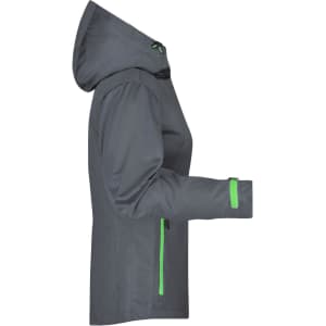 A grey ladies outdoor jacket featuring green accents and a hood, designed for rain protection.