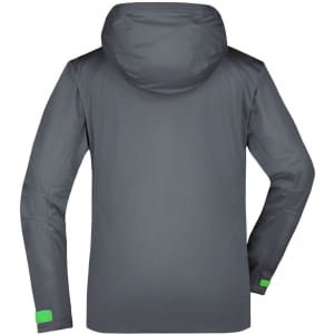 A grey rain jacket with a hood, featuring long sleeves and reflective accents. Includes a logo on the back.