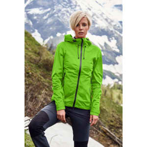 A bright green ladies' outdoor jacket with a hood, set against a mountainous backdrop. The jacket features a logo.
