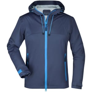 A navy blue ladies outdoor jacket with a hood, featuring blue accents and zippered pockets. It has a logo on the chest.