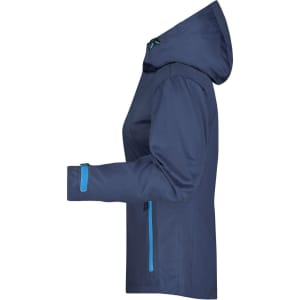 A ladies outdoor jacket in navy blue, featuring a hood and contrasting aqua accents. It has a logo on the sleeve.