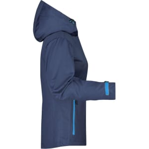 A navy ladies outdoor jacket with a hood and blue accents, featuring zippered pockets and long sleeves.