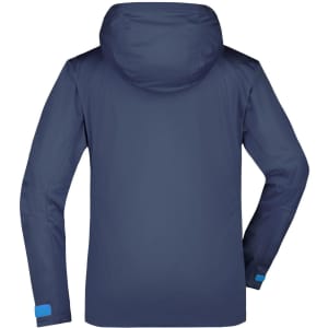 A navy blue ladies outdoor rain jacket with a hood, featuring a logo on the sleeve. The back is visible in the image.