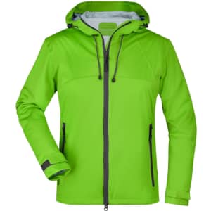 A bright green ladies' outdoor rain jacket with a hood, featuring a zippered front and adjustable cuffs.