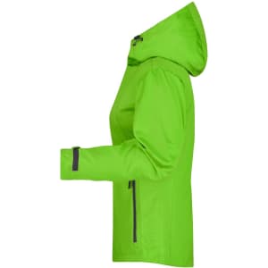 A bright green ladies outdoor jacket with a hood, featuring a zip and adjustable cuffs. It has a logo on it.