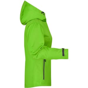 A bright green ladies' outdoor rain jacket featuring a hood and zippered pockets, with a sleek design.