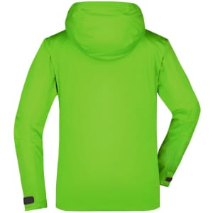 A bright green ladies outdoor jacket with a hood, featuring long sleeves and an adjustable cuff. It has a logo on the back.