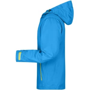 A blue men's outdoor jacket with a hood and yellow accents, featuring a side view displaying its design.
