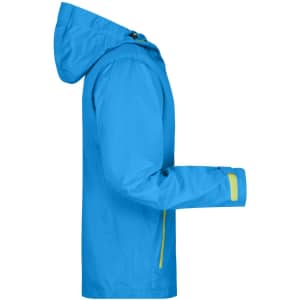 A blue outdoor jacket featuring a hood and contrasting yellow zip details, with a logo on the sleeve.