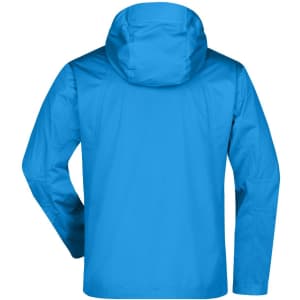 A bright blue men's outdoor jacket with a hood, featuring a simple design and a logo on the back.