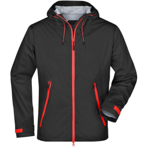 A stylish black outdoor jacket featuring red zips and accents, with a hood and multiple pockets.