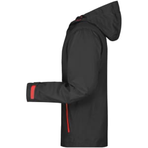 A black men's outdoor jacket with red accents, featuring a hood and long sleeves, displayed from the side.
