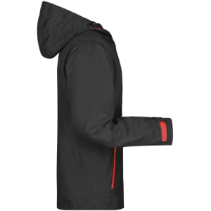 A men's outdoor jacket in black with red accents, featuring a hood and adjustable cuffs. It has a logo on the front.