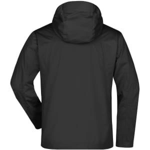 A men's outdoor jacket in solid black with a hood, featuring a smooth, lightweight design and a logo on the back.