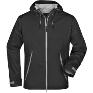 A men's outdoor jacket in black with grey accents and a hood, featuring zippered pockets and a logo.
