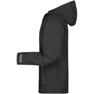 A black men's outdoor jacket featuring a hood and reflective detailing. It has a logo on one side.