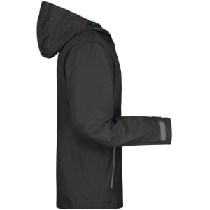 A men's outdoor jacket in black, featuring a hood and zippered pockets, with reflective detailing.
