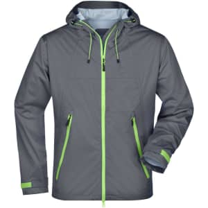 A grey outdoor jacket featuring green accents, a hood, and zippered pockets, with a logo on it.