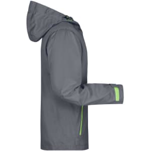 A grey men's outdoor jacket with a hood and bright green accents, featuring long sleeves and a side view design.