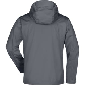A grey men's outdoor jacket featuring a hood, with a smooth, rain-resistant design and a logo on the back.