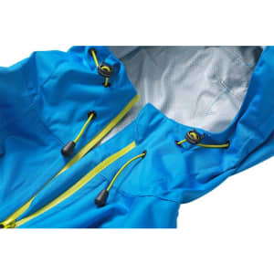 A blue outdoor jacket featuring a hood, zip closure, and contrasting yellow drawstrings. It includes a logo.