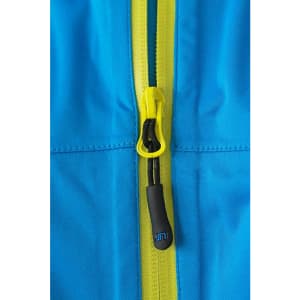 A close-up of a blue outdoor jacket featuring a yellow zipper and pull tab, with a logo present.
