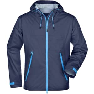A men's outdoor jacket in navy with blue accents, featuring a hood and front zip pockets. It has a logo on the chest.