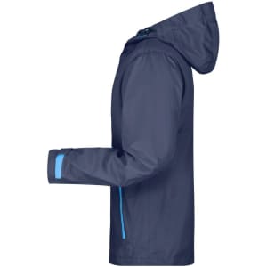 A navy outdoor jacket with a hood and blue accents, featuring a side view and a logo on the sleeve.